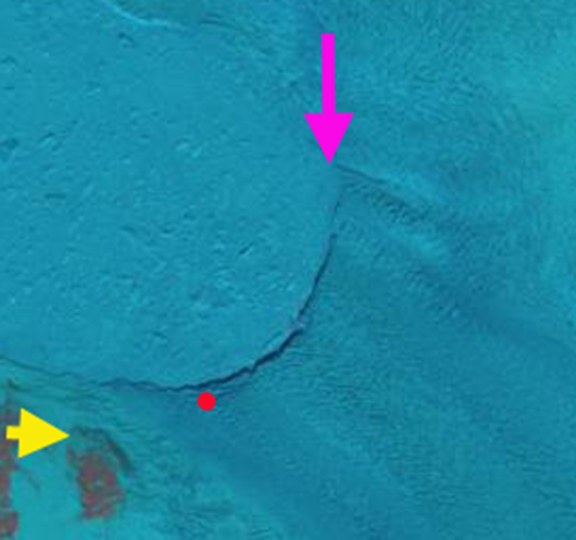 June 1 Pink arrow indicates a prominent lateral rift.  Yellow arrow reference location. Red dot an existing  transverse rift.