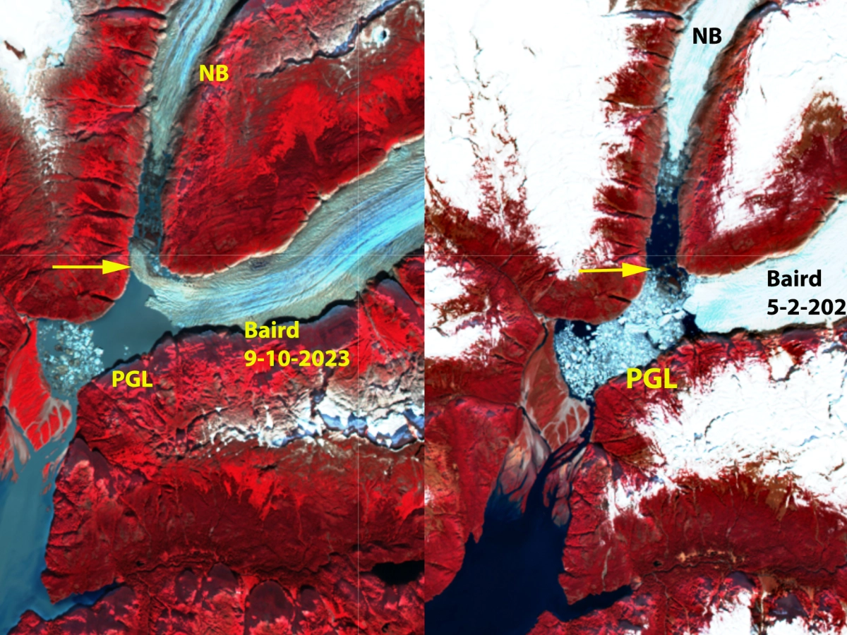 Baird Glacier, Alaska Terminus Tongue Breaks Off April 2024